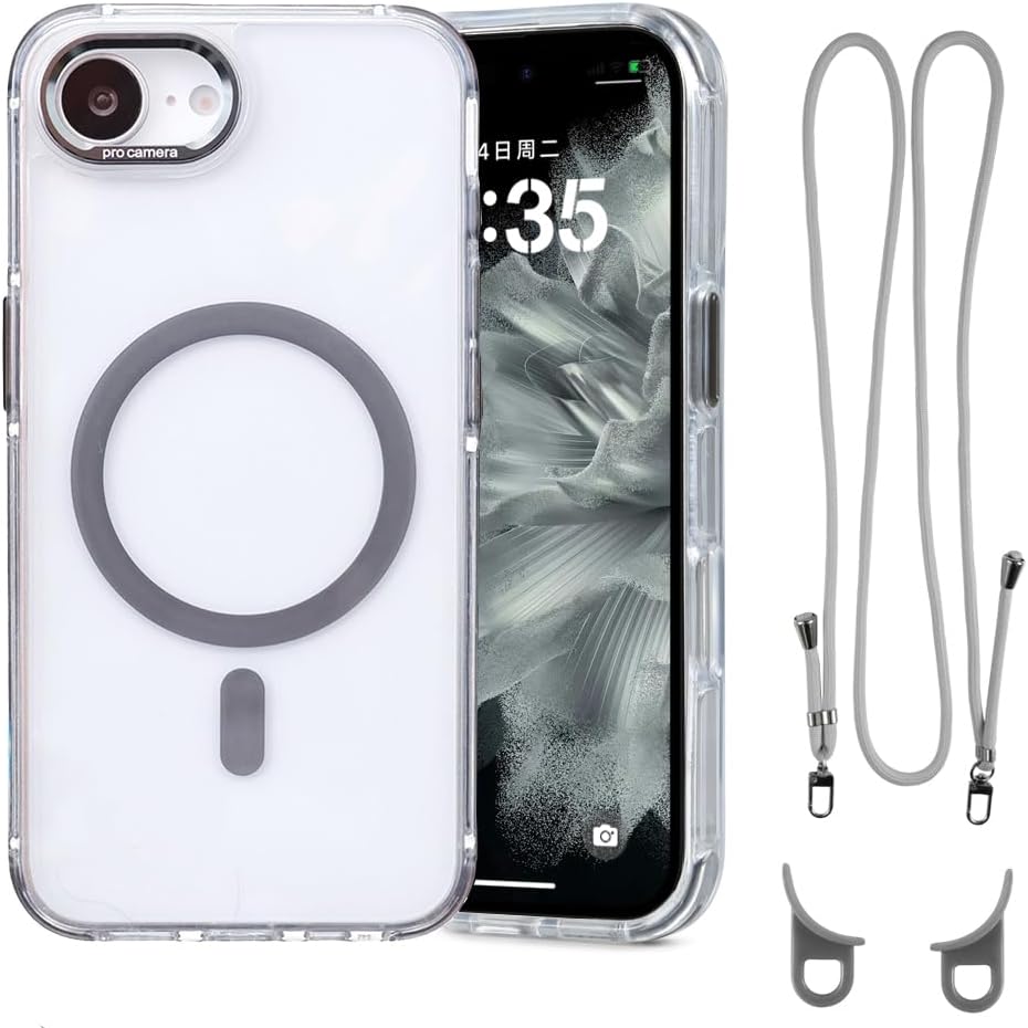 for iPhone 16e Case with Adjustable Phone Lanyard Strap, Compatible with MagSafe, Shockproof Military-Grade Protection, Magnetic Phone Case, Classic Clear Gray Hybrid Case, Yellowing Resistant