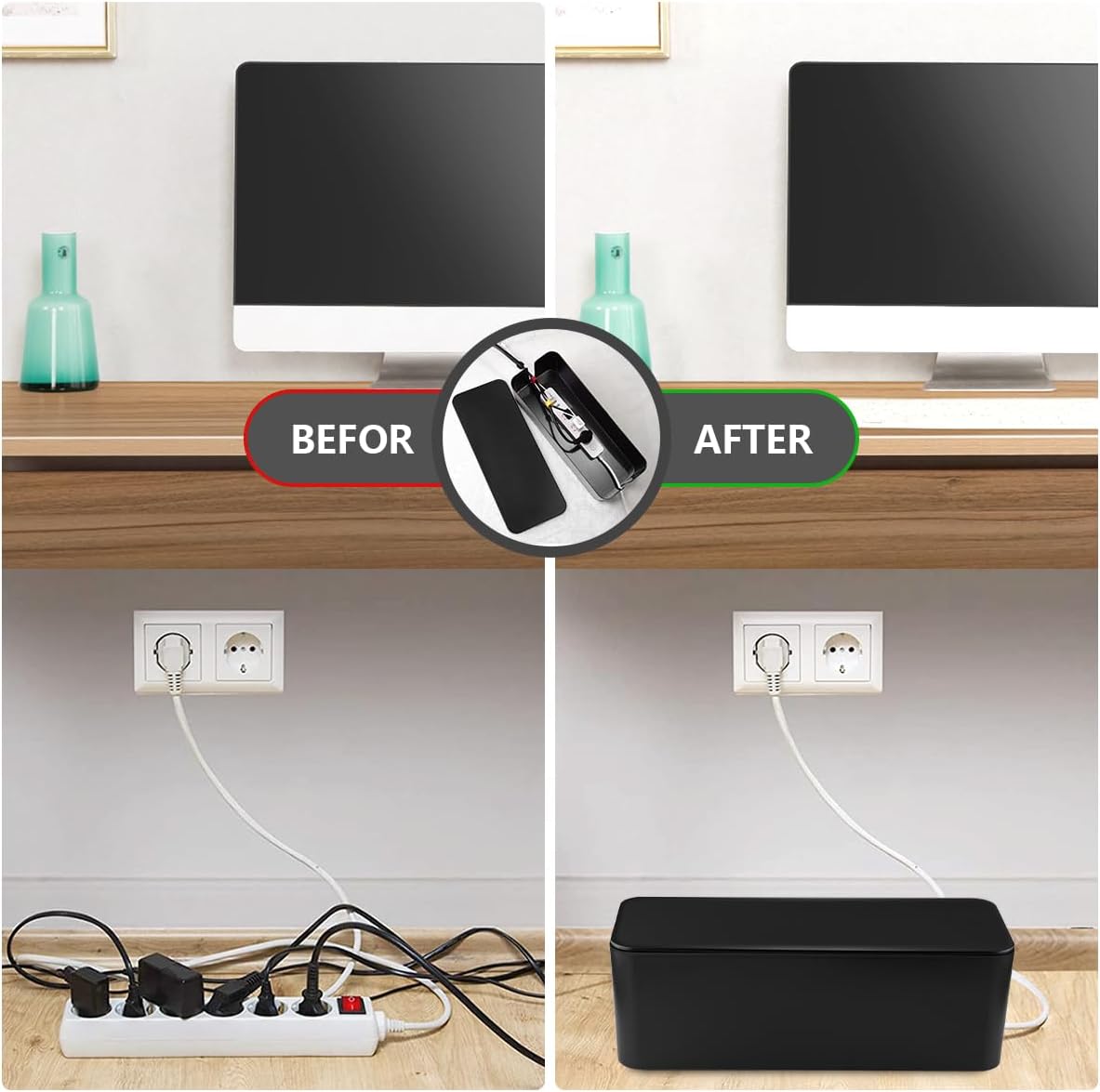 Cable Management Box - Large Cable Organizer Box to Hide Wires & Power Strips, TV & Desk Computer Wires, Cord Organizer Box for Home & Office, Black