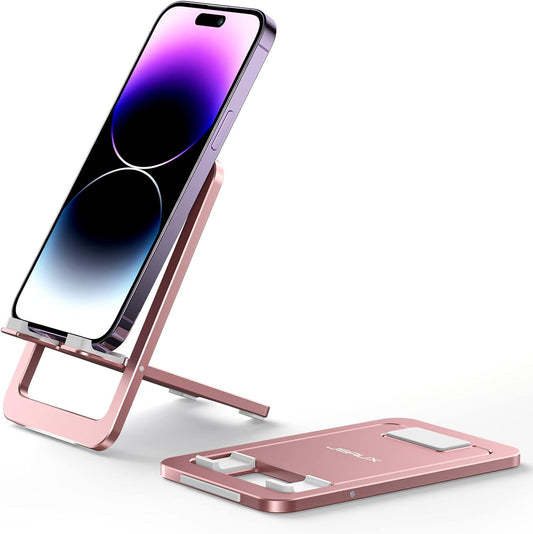 JSAUX Cell Phone Stand, Foldable Aluminum Adjustable Phone Holder for Desk Portable Travel Holder Office Desk Accessories Compatible with iPhone 15 14 13 12 11 Pro Max X Samsung S24 S23 -Pink