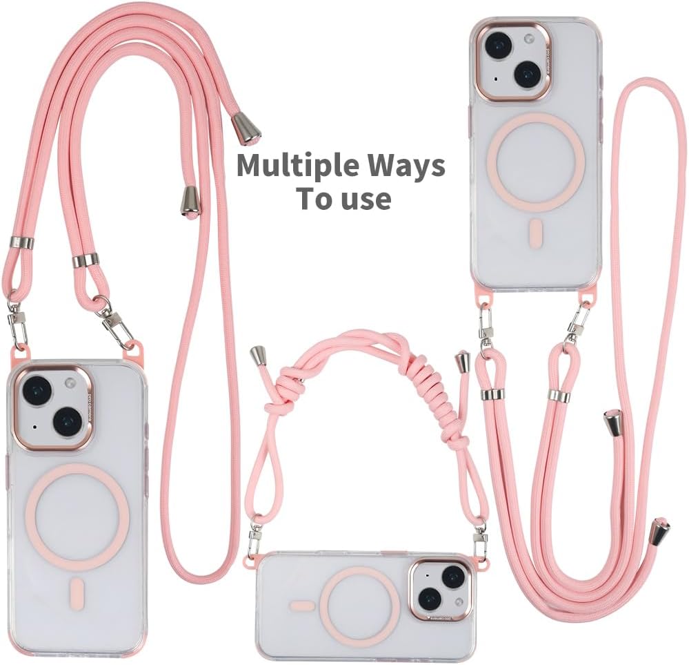 for iPhone 13/14 Case with 62.99 inch Lanyard, Classic Clear&Pink Magnetic Phone Case, Drop&Shockproof Protection Cases, Phone Lanyard for Around The Neck, Compatible with Magnet Accessory