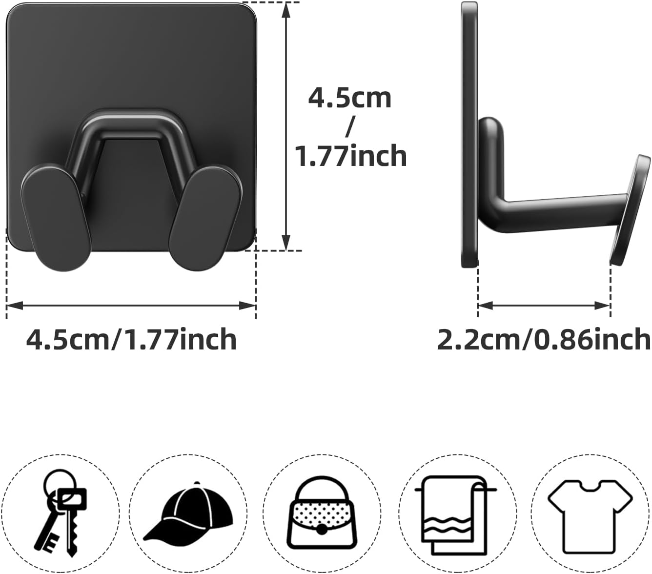 Adhesive Shower Hooks for Inside - Extra Sticky Stainless, Razor Holder Shower Accessories, Wall Mounted Self-Adhesive Double Hooks for Razor, Loofah, Towel, Shaver, Coat, Key, Matt Black, 6 Pack