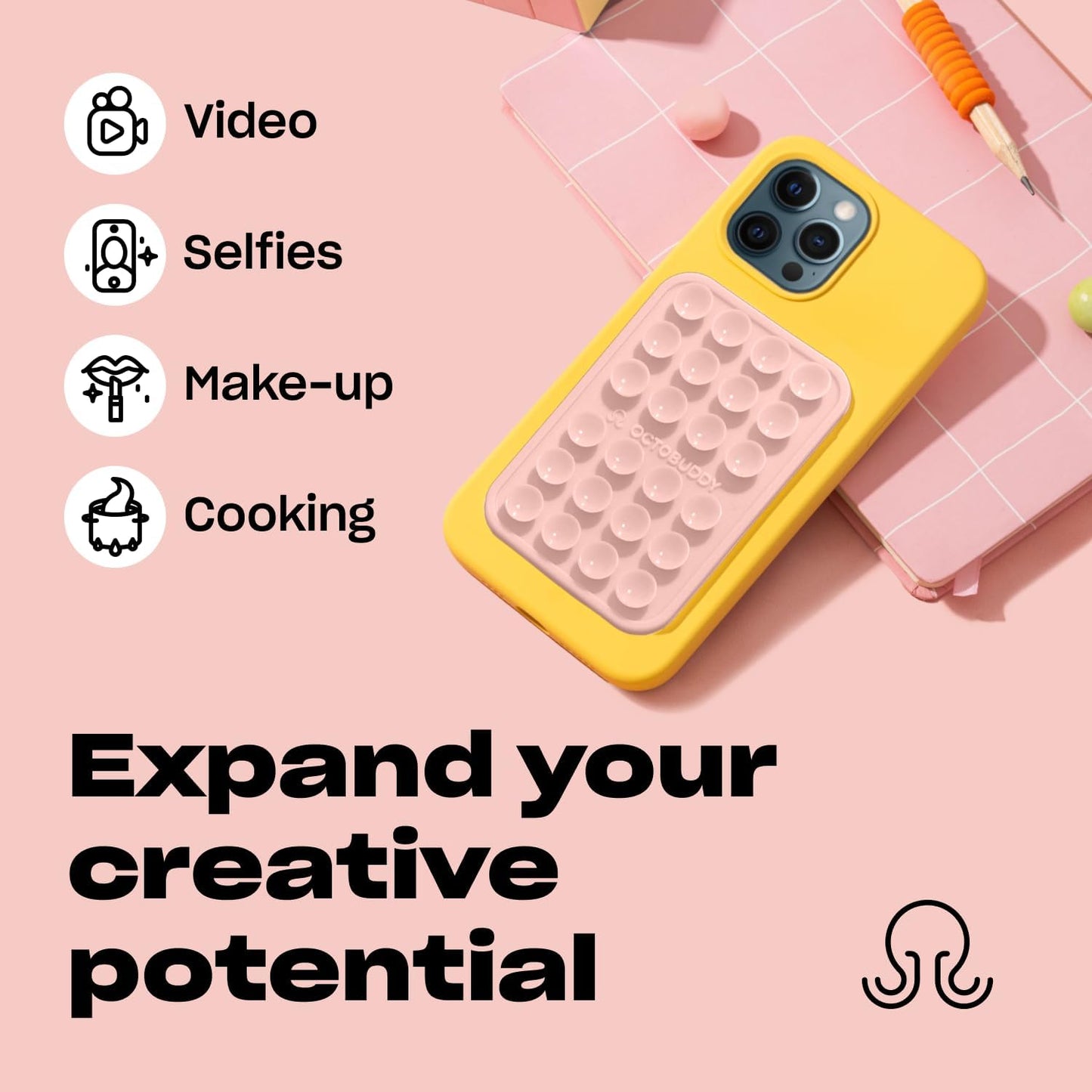 Classic MAX - Silicone Suction Phone Case Adhesive Mount - Hands-Free, Strong Grip Holder for Selfies and Videos - iPhone and Android Compatible - 2.6″ x 3.9″, Hot Pink