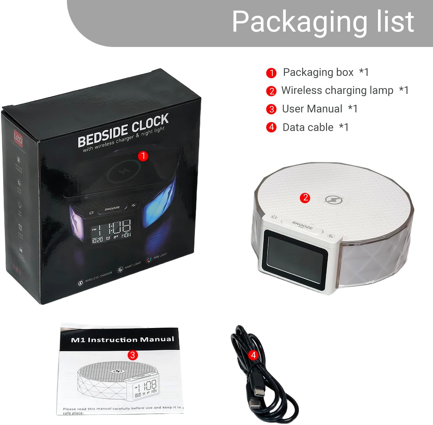 Alarm Clock with Fast Wireless Charging 15W,Digital Alarm Clock Night Lamp for Bedroom, RGB Nightlight for 5 Colors,Snooze Mode,8 Types of Music with Cable (White)