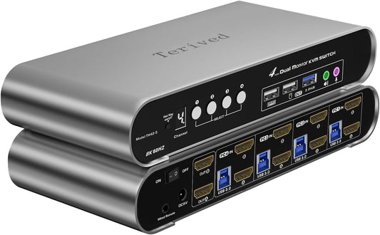 4 Computers 2 HDMI Monitor Automatic KVM Switch 8K@60Hz, Hotkey Switching, EDID, with Audio and Microphone, Aluminum Shell with Digital Display, USB 3.0 Hub, HDR10 with Cables