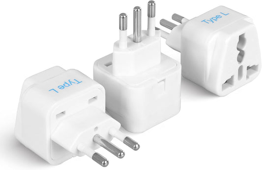 Ceptics Italy Power Adapter, Type L plug adapter, Universal Travel Adapter Chile, Italy travel adapter plug perfect for Rome, Lybia, Tunisia, Uruguay, GP-12A - White (3 Pack)