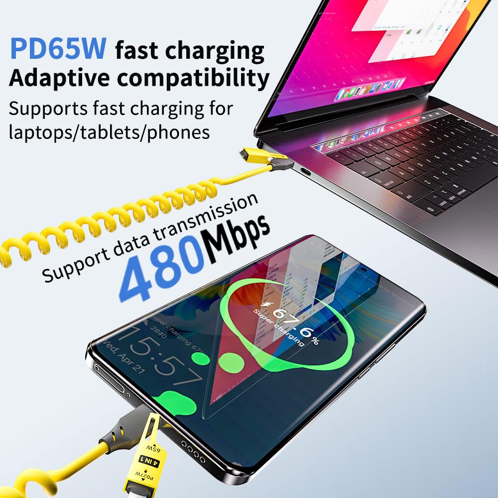 4 in 1 Spring Fast Charging Cable (2Pack), 65W USB-C PD Multi Fast Charging, 1.2m/4ft Coiled Retractable Cable for iPhone Samsung Laptop - Yellow+Green