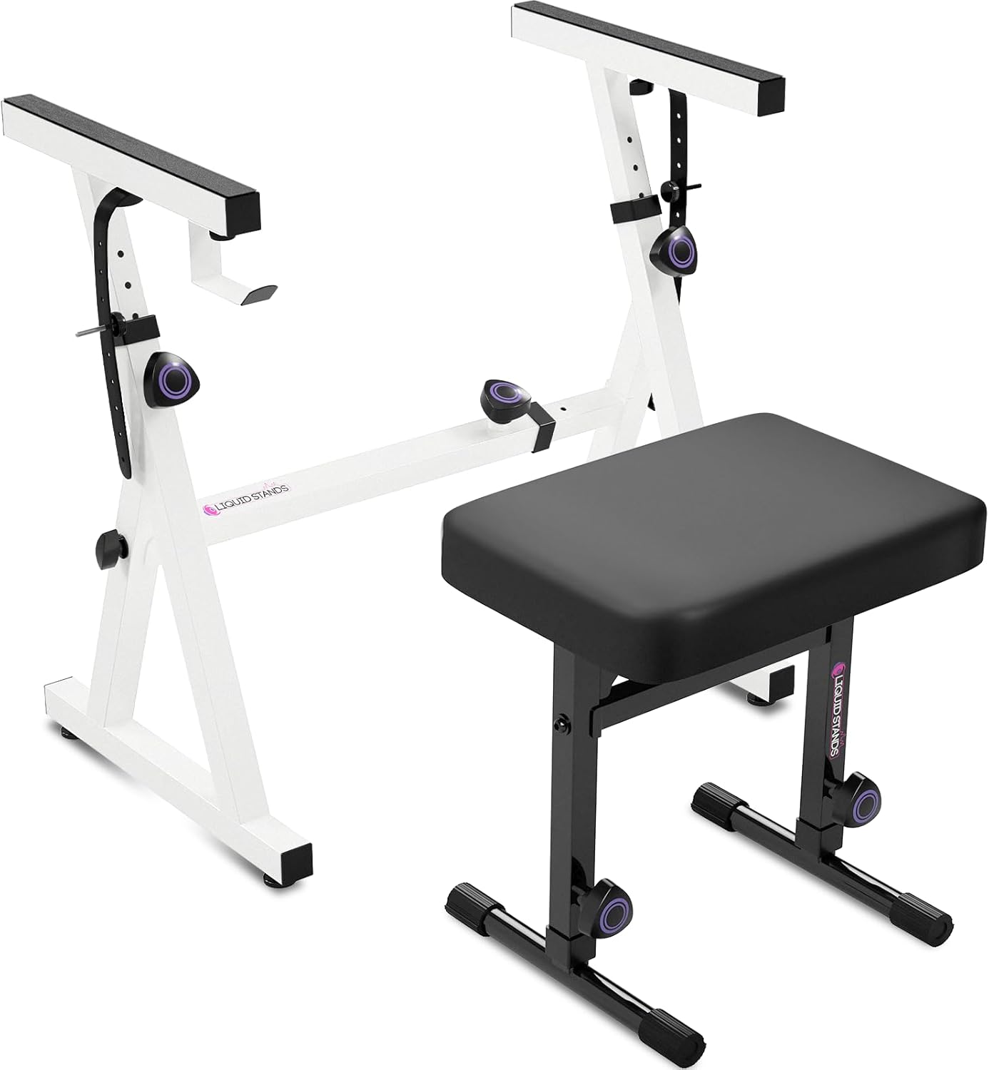 Liquid Stands Portable Heavy Duty Digital Piano Stand & Bench Set - Adjustable Keyboard Music Stand & Seat for 54-88 Key Electric Pianos (White)