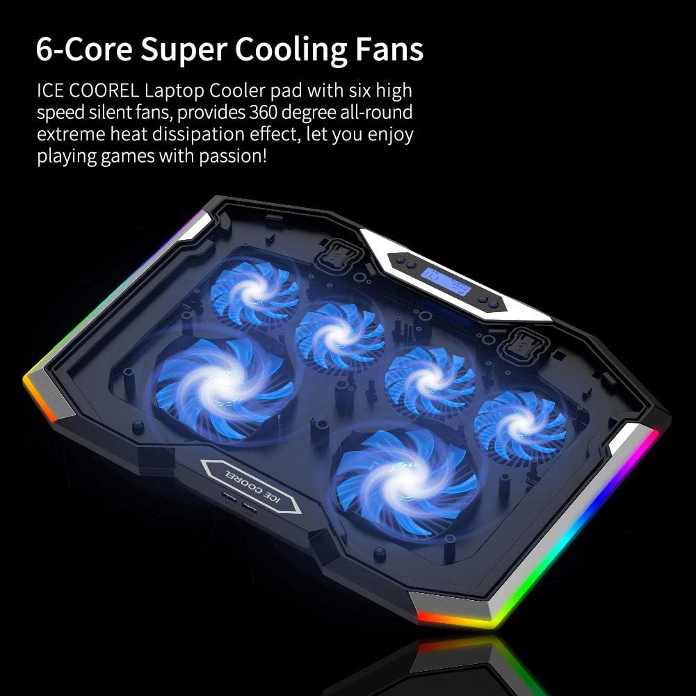 ICE COOREL Gaming Laptop Cooling Pad 15-17.3 Inch, Laptop Fan with 6 RGB Cooling Fans, Laptop Cooling Stand with 6 Height Adjustable, Laptop Cooler with LCD Screen, 2 USB Ports, Phone Stand