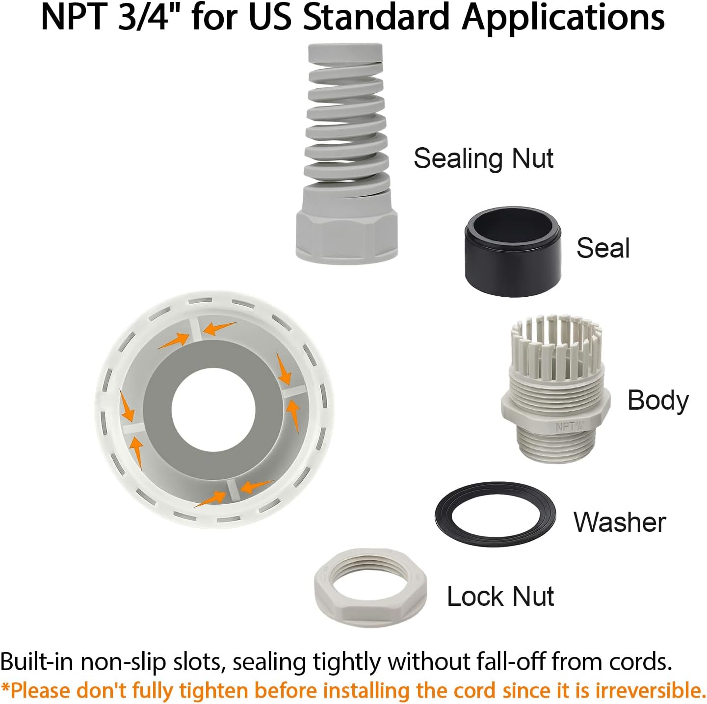 LeMotech 5Pcs NPT 3/4" IP68 Waterproof Cable Gland Flex Spiral Strain Relief Grey Nylon Joint with Gaskets for 13-18mm Wire Thread