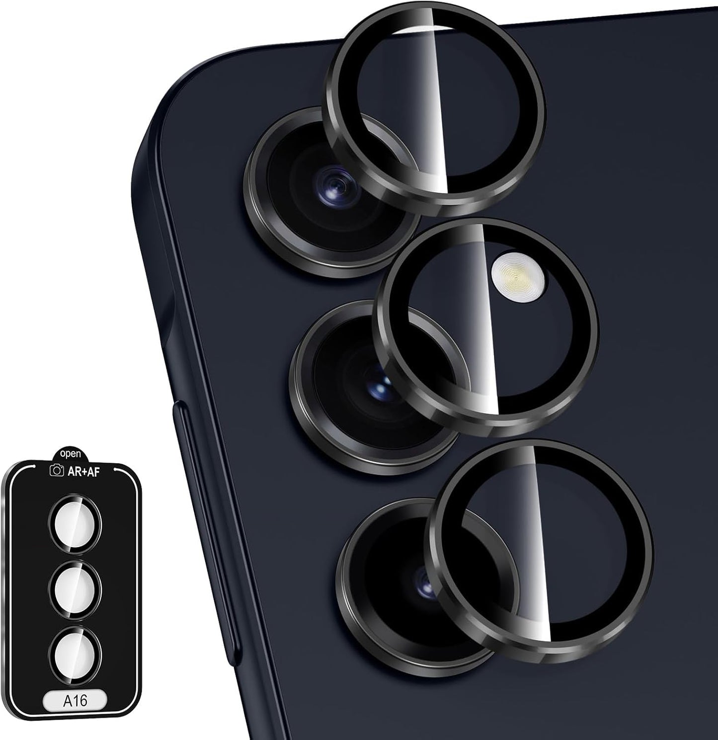 for Samsung Galaxy A16 Camera Lens Protector, Individual Metal Ring Tempered Glass Lens Cover, [Strong Adsorption] Scratch Resistant Ultra-Thin HD Clear Lens Cover, 1 Set-Black Ring