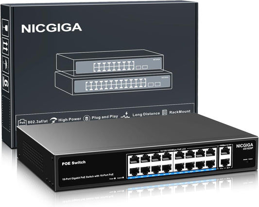 NICGIGA 18 Port PoE+@250W Switch - 16 Ports, 2 Gigabit Uplink, VLAN Mode, RackMount, Plug and Play