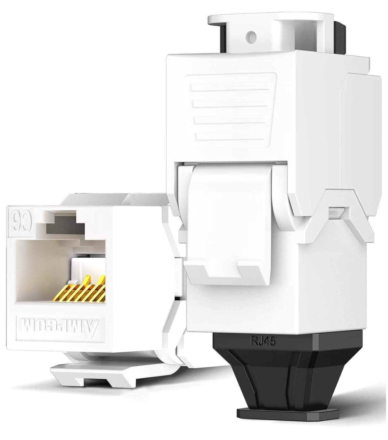 AMPCOM CAT6 RJ45 Keystone Jack - Reusable UTP Ethernet Wall Jack with Adjustable Ratchet Lock Design, No Tool and Zip Tie Required - 50u Gold Plated - White (2-Pack)