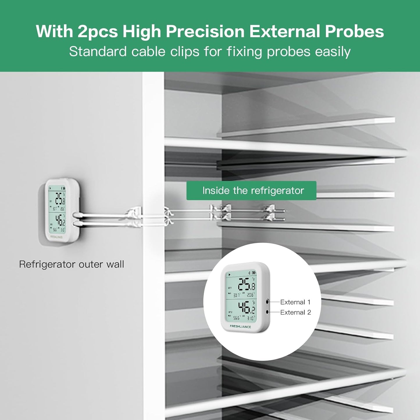 Freshliance Temperature Humidity Data Logger Recorder Bluetooth with 2pcs External Probe, Digital Refrigerator Thermometer Hygrometer, Remote Data Recording Analysis Alarm by Smart APP,BlueTag TH30R-I