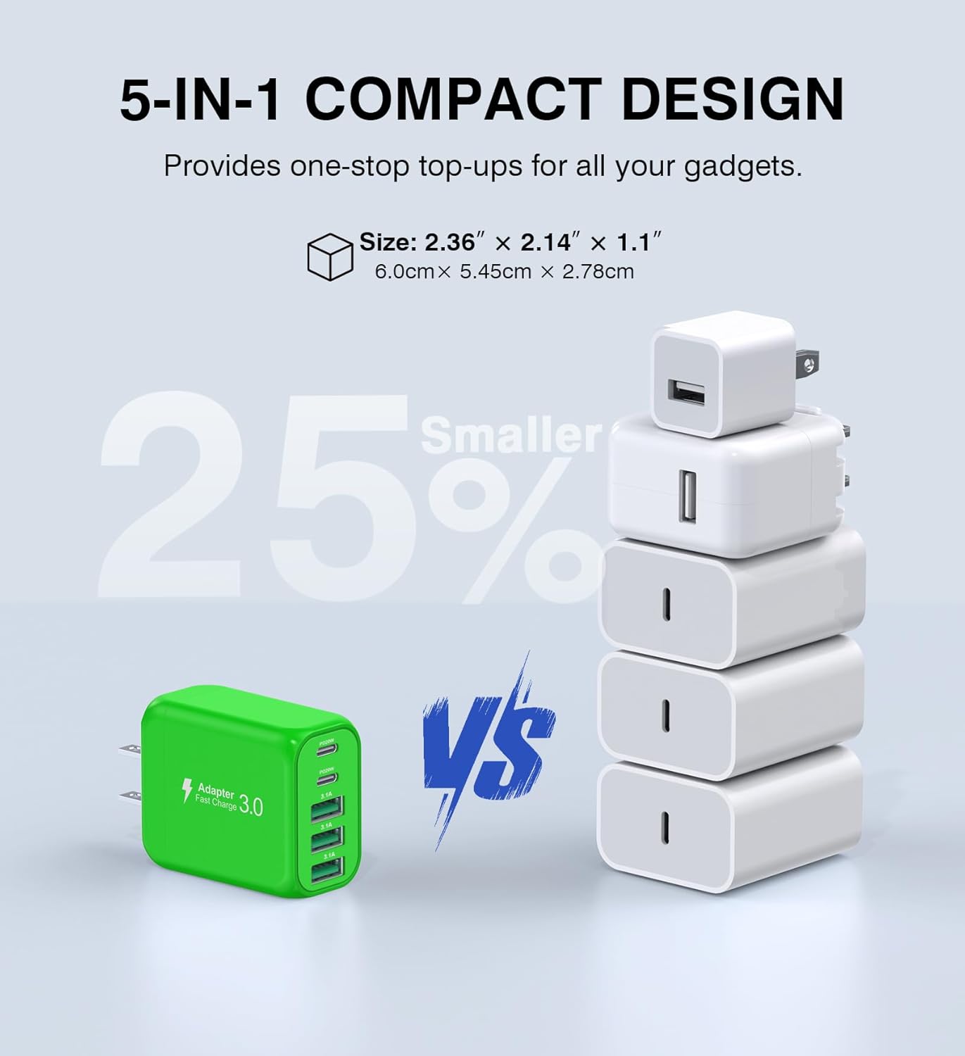 50W USB C Wall Charger Block,5-Port C Charger Fast Charging Block PD Power Adapter +QC 3.0 Multiport Type C Box Charger Cube USB A Wall Plug for iPhone 16/15/14/13 Pro Max Plus,Samsung(Green)(2-Pack)