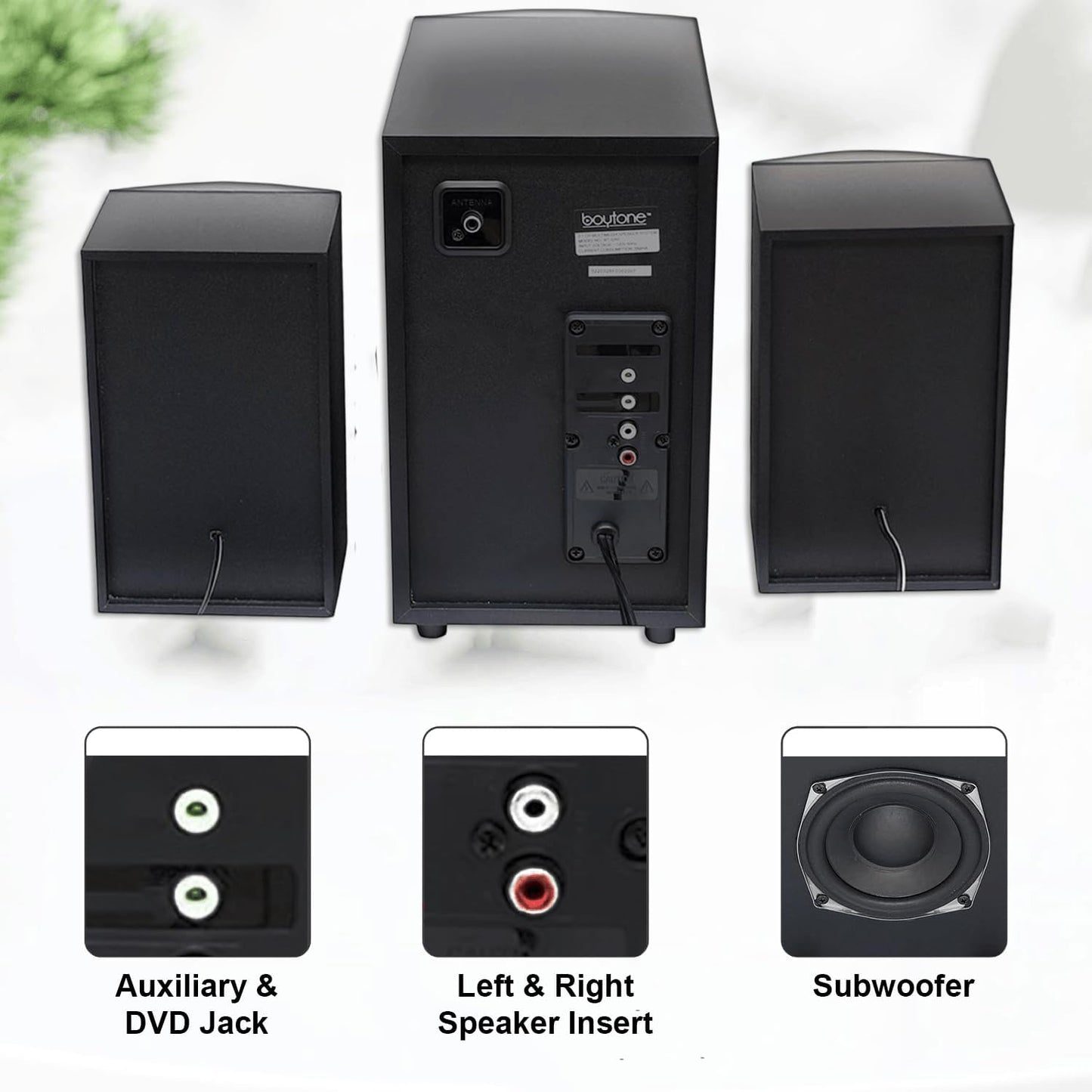 Boytone BT-326F, 2.1 Bluetooth Powerful Home Theater Speaker System, with FM Radio, SD USB Ports, Digital Playback, 40 Watts, Disco Lights, Full Function Remote Control, for Smartphone, Tablet., Black
