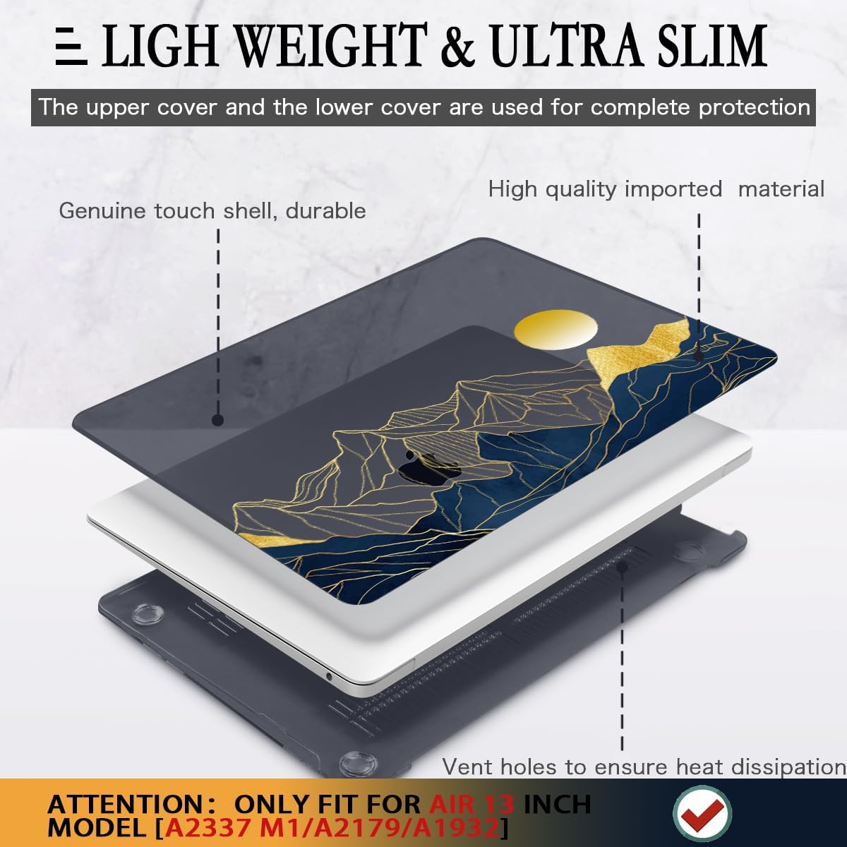 CISSOOK for MacBook Air 13 Inch Case A2337 M1 A2179 A1932 Model 2021-2018 Released, 13 inch Hard Shell Cover with Keyboard Cover for MacBook Air 13 M1 Case with Touch ID - Mountain & Raised Sun