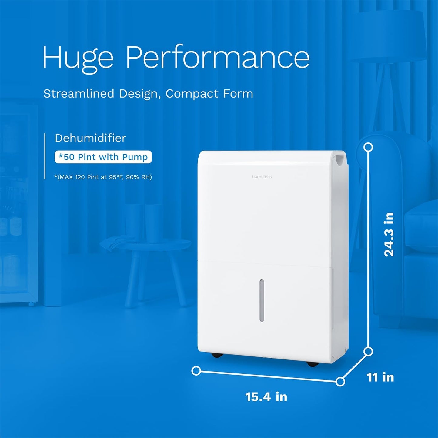 hOmeLabs 50 Pint Wi-Fi Dehumidifier with Pump for up to 7,000 Sq Ft (MAX 120 Pint at 95°F, 90% RH) – High Capacity Moisture Removal for Large Rooms, Offices, and Basements