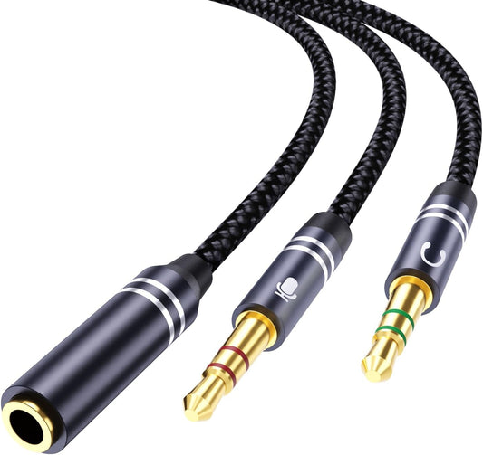 Braided Headphone Splitter for Computer, 3.5mm Female to 2 Dual 3.5mm Male Earphones Port, Mic Y Audio Splitter Cable Compatible with Headset Microphone Gaming Computer Speaker Laptop(35cm / 14in)
