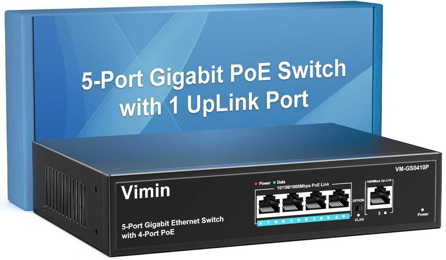 4 Port Gigabit PoE Switch with 1 Uplink Gigabit Ports, VIMIN 5 Port Unmanaged Ethernet PoE Switch with 72W Power, Support IEEE802.3af/at, VLAN, Metal Housing, Desktop or Wall-Mount, Plug & Play