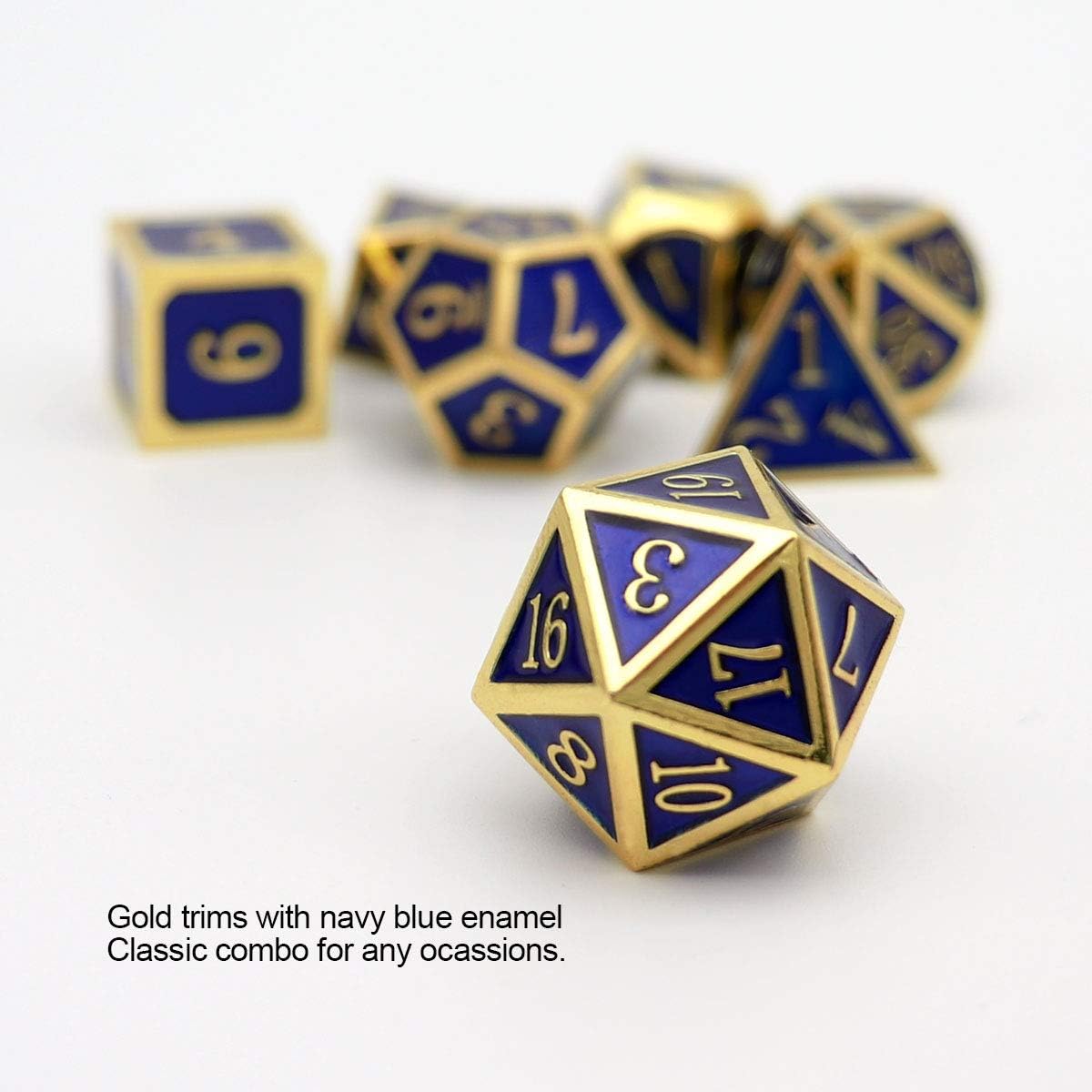 Haxtec Metal DND Dice Set 7 Die Gold Blue Metal D&D Dice Compatible with Dungeons and Dragons Games-Glossy Enamel Dice (Gold Blue)