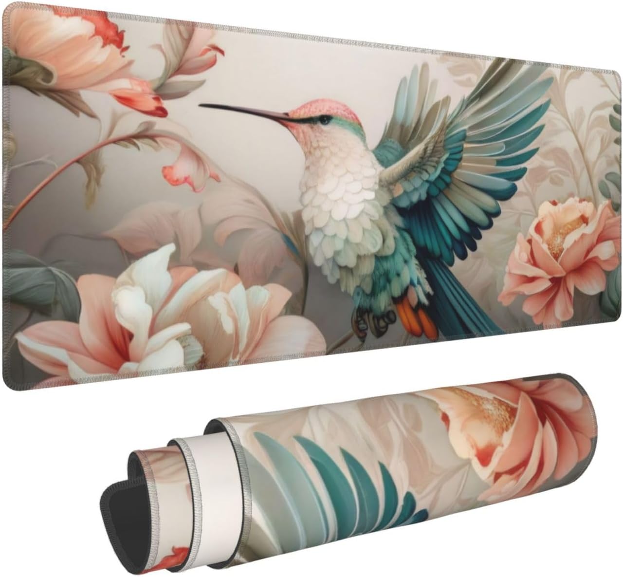 Gaming Mouse Pad, Large Non-Slip Rubber Base Mousepad, Keyboard Mouse Mat, Desk Pad with Stitched Edges, 31.5x11.8inch, Art Bird Flower