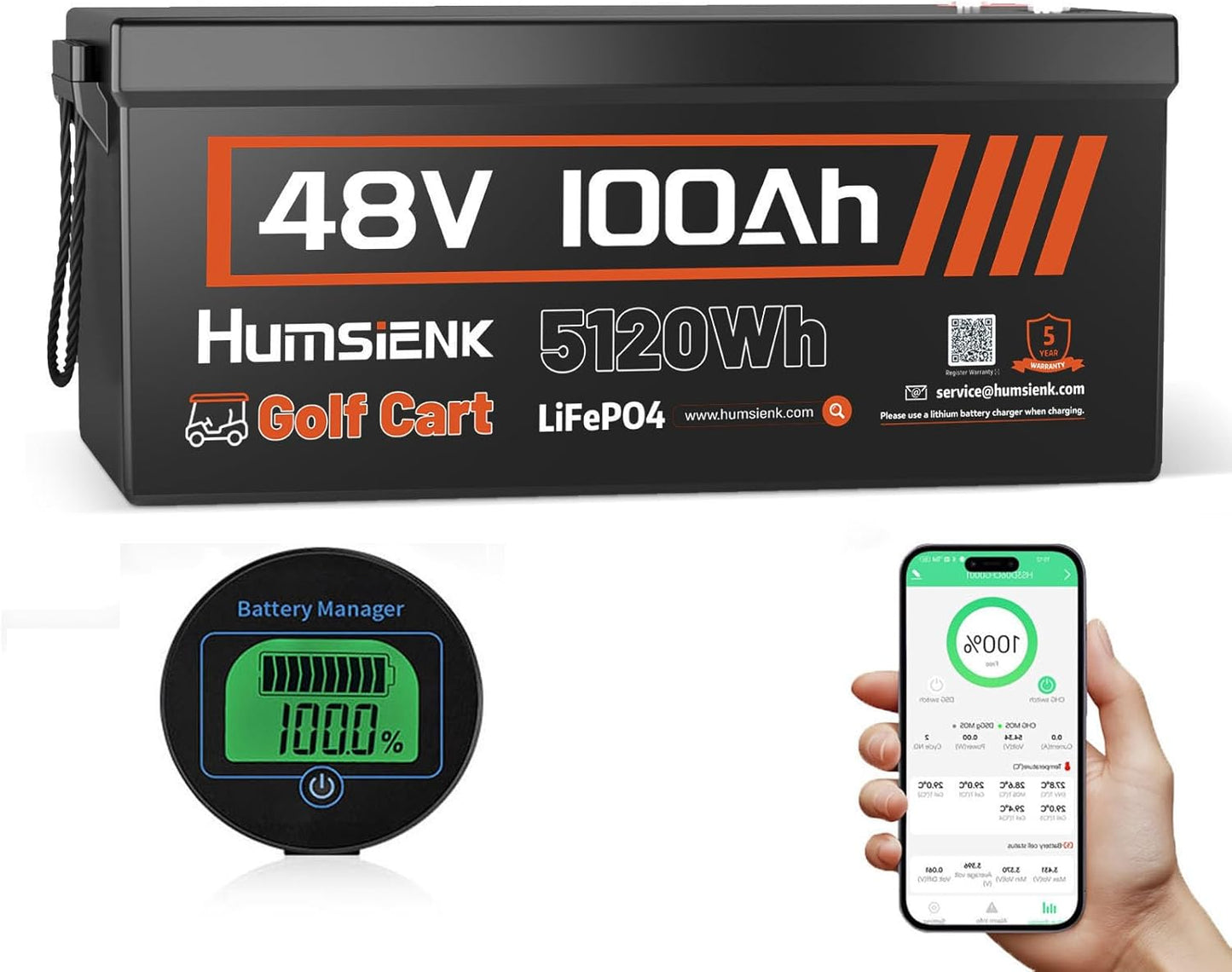 48V 100Ah Golf Cart LiFePO4 Lithium Battery with Bluetooth Group 8D, 15000+ Deep Cycle Battery, Built-in 200A BMS with Low-Temp Protection Golf Cart Accessories