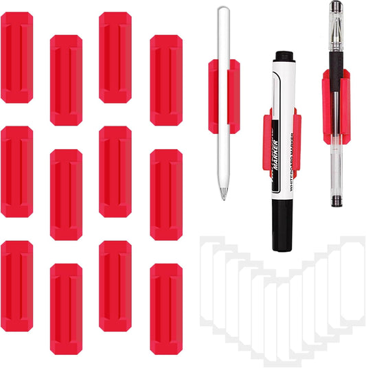 12 Pack Pen Holder for Desk, Silicone Pencil Holder with 12 Extra Adhesive Stickers, Adhesive Pen Holder & Marker Clip for Classroom Office Desk or Any Surface, Teacher Accessories Supplies (Red)