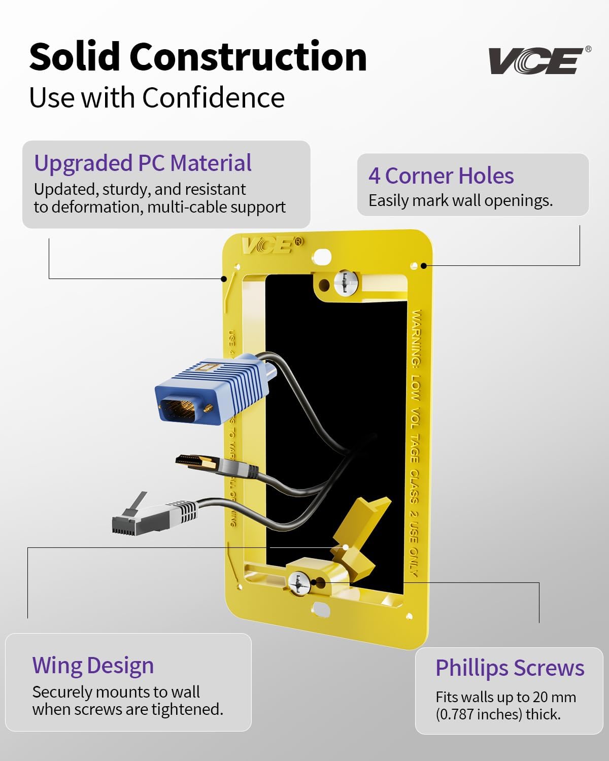 VCE Low Voltage Mounting Bracket Single Gang Wall Plate, Flush Low Voltage Box for Network, HDMI, Coaxial, Speaker, Telephone Cables, Yellow, 5 Pack