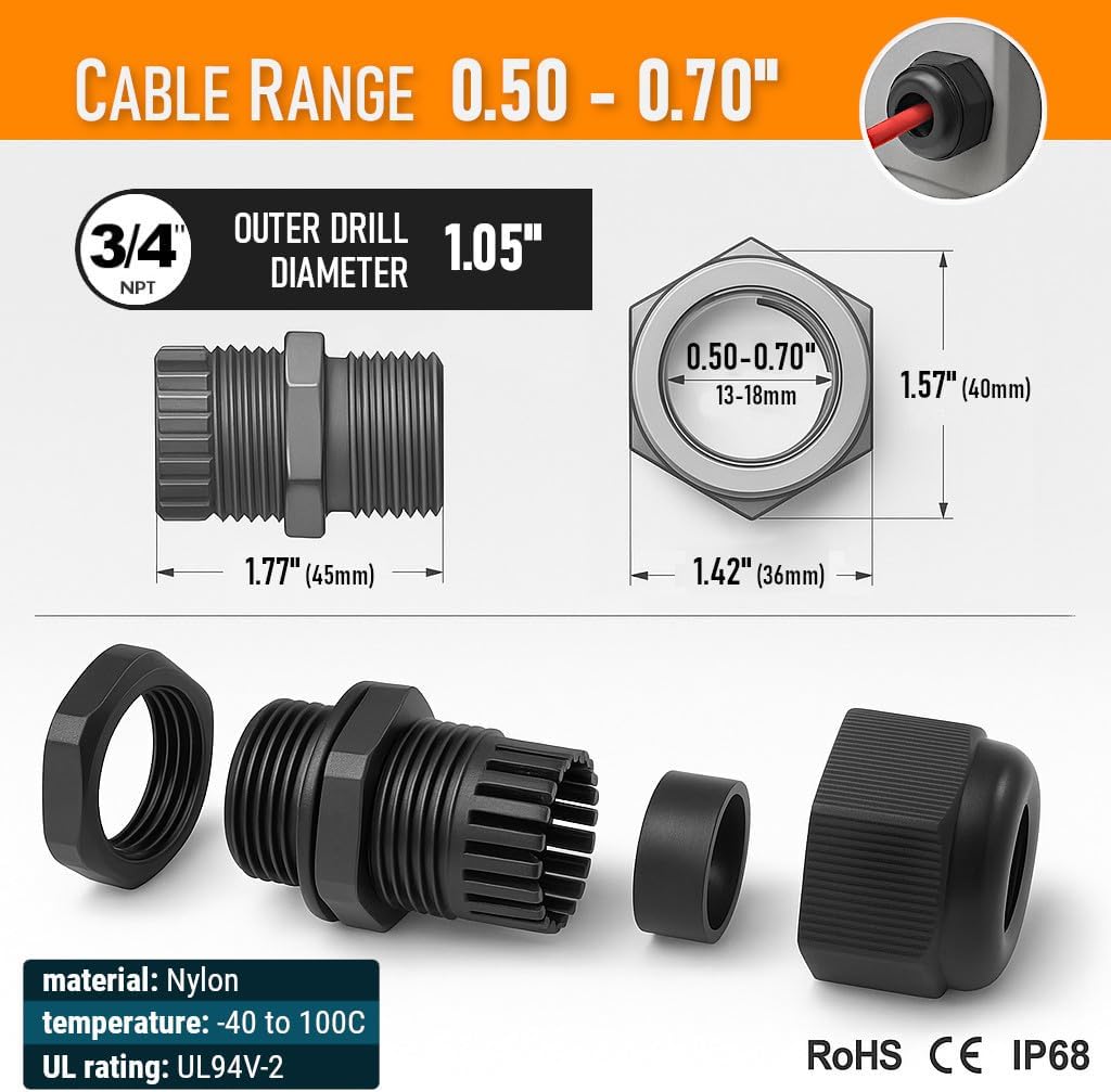 MGI SpeedWare 3/4" NPT Strain Relief Nylon Cord Grip Cable Glands, Black Plastic Grommet 20-Pack