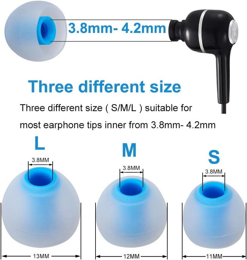 Earbud Tips Soft Silicone Earbuds Replacement Tips Fit for in-Ear Headphones(Inner Hole from 3.8mm - 4.2mm Earphones) 9 Pairs S/M/L,Transparent Blue