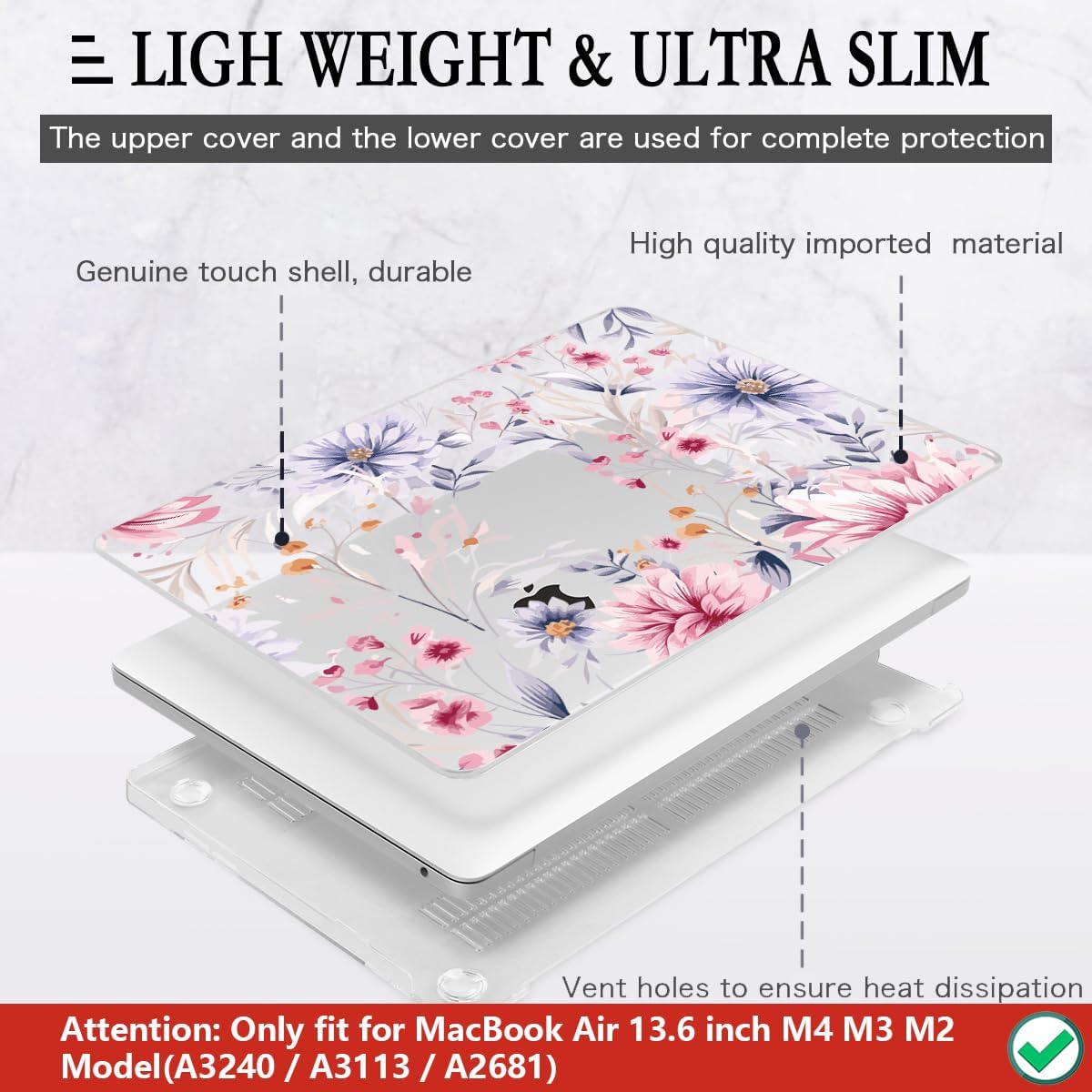 CISSOOK Flower Case for MacBook Air 13.6 Inch M4 M3 M2 Chip Model A3240 A3113 A2681, Plastic Shell Cover with Keyboard Cover Screen Protector for MacBook Air 13 2022-2025, Flowers Watercolor