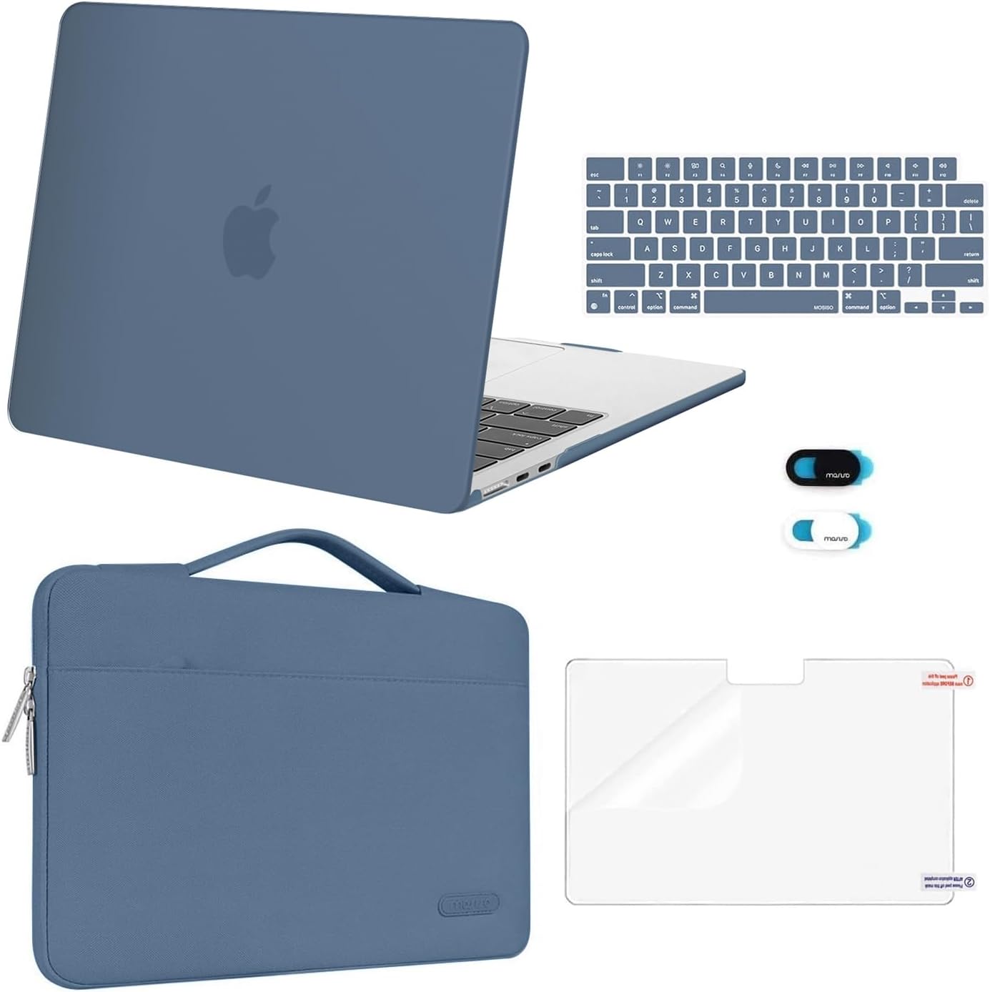 MOSISO Compatible with MacBook Air 13 inch Case 2025 2024 2023 2022 M4 A3240 M3 A3113 M2 A2681, Hard Shell&Sleeve Bag&Keyboard Skin&Webcam Cover&Screen Film for MacBook Air 13.6 inch, Steel Blue