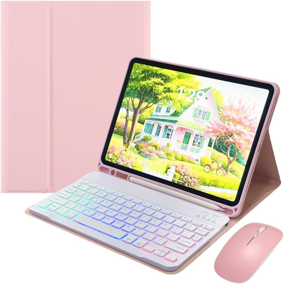 for iPad 11th (A16,2025) 11-inch, iPad 10th Gen 10.9 Inch 2022 Keyboard Case with Mouse and Rainbow Backlit Magnetic Detachable Bluetooth Keyboard Cover,Pink