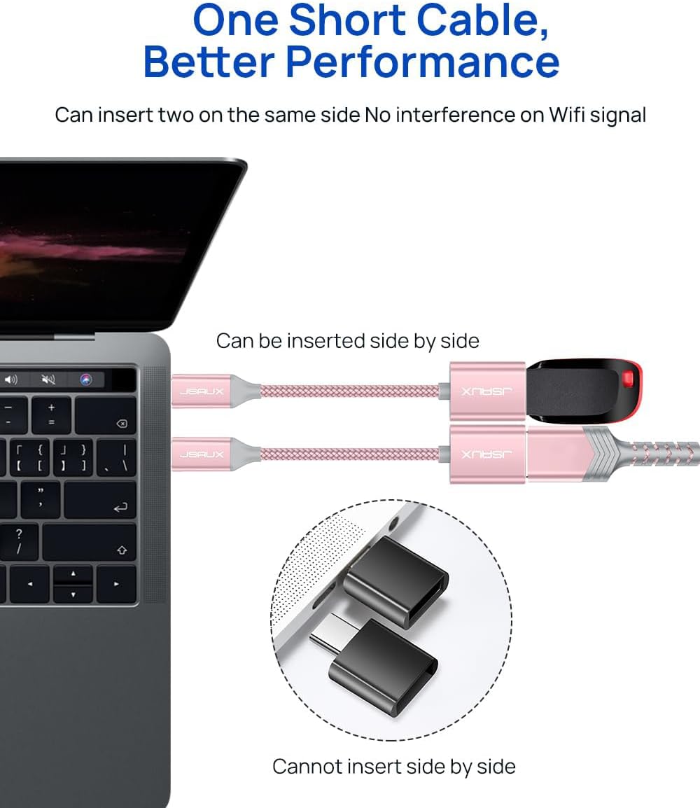 JSAUX USB C to USB 3.0 Adapter [2 Pack], Type C Male to USB Female OTG Cable Compatible with MacBook Pro/Air, iPhone 16 Pro Max/16 Plus/16e/16/15, Samsung Galaxy S25/S24/S23S/22-Pink