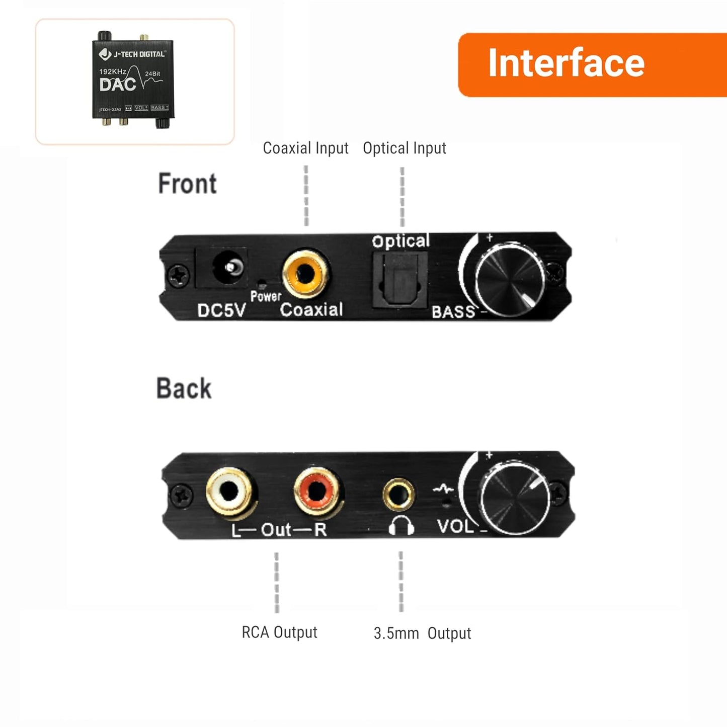 Digital to Analog Audio Converter with Headphone Amplifier & Bass Control by J-Tech Digital | 192kHz 24bit Optical Coaxial RCA 3.5mm