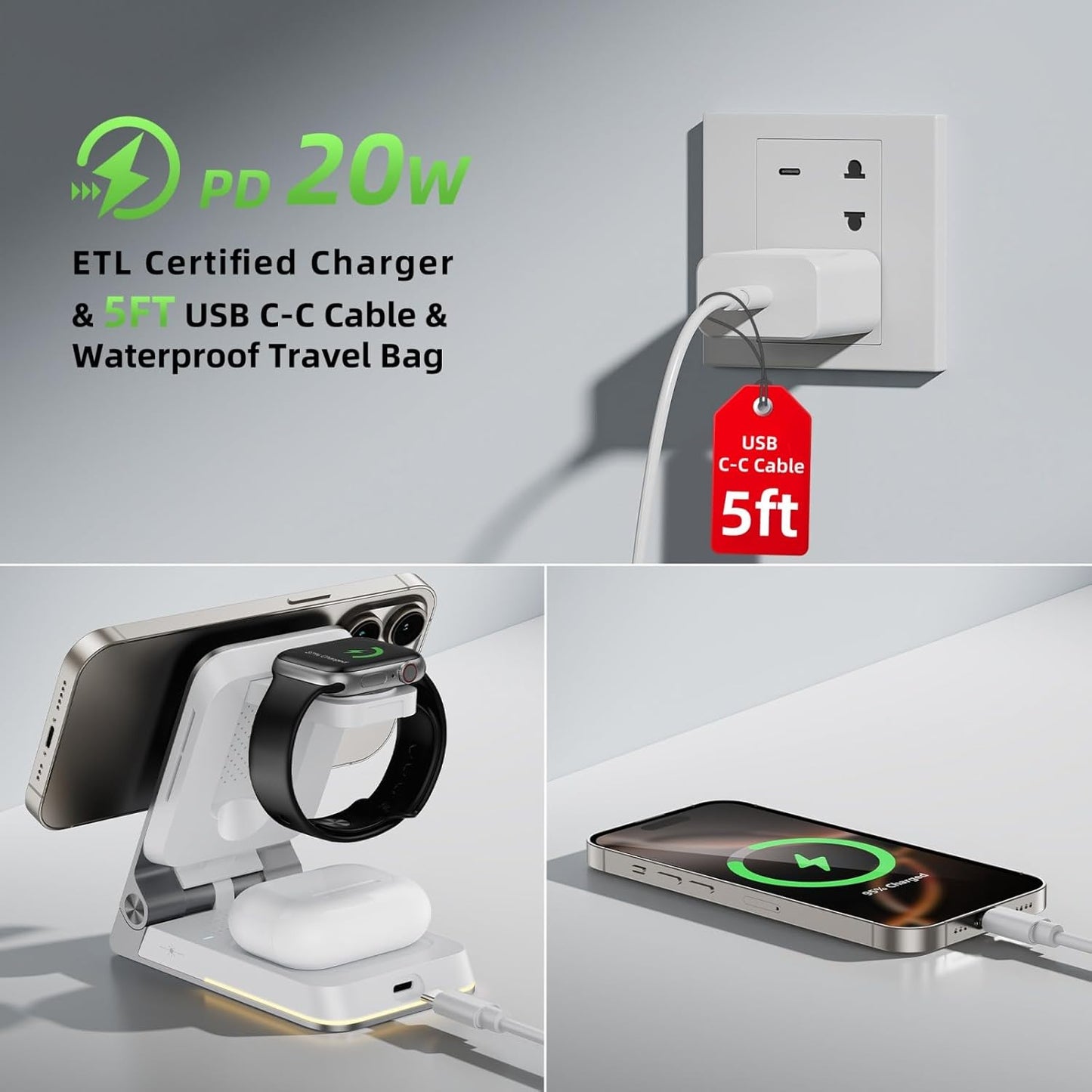 Aluminum 3 in 1 Wireless Charging Station,Foldable Wireless Charger for Apple Magsafe with Light,Portable Travel Magnetic Charger Stand for iPhone 16/15/14,Watch,Airpod, Include PD 20W Adapter & Case