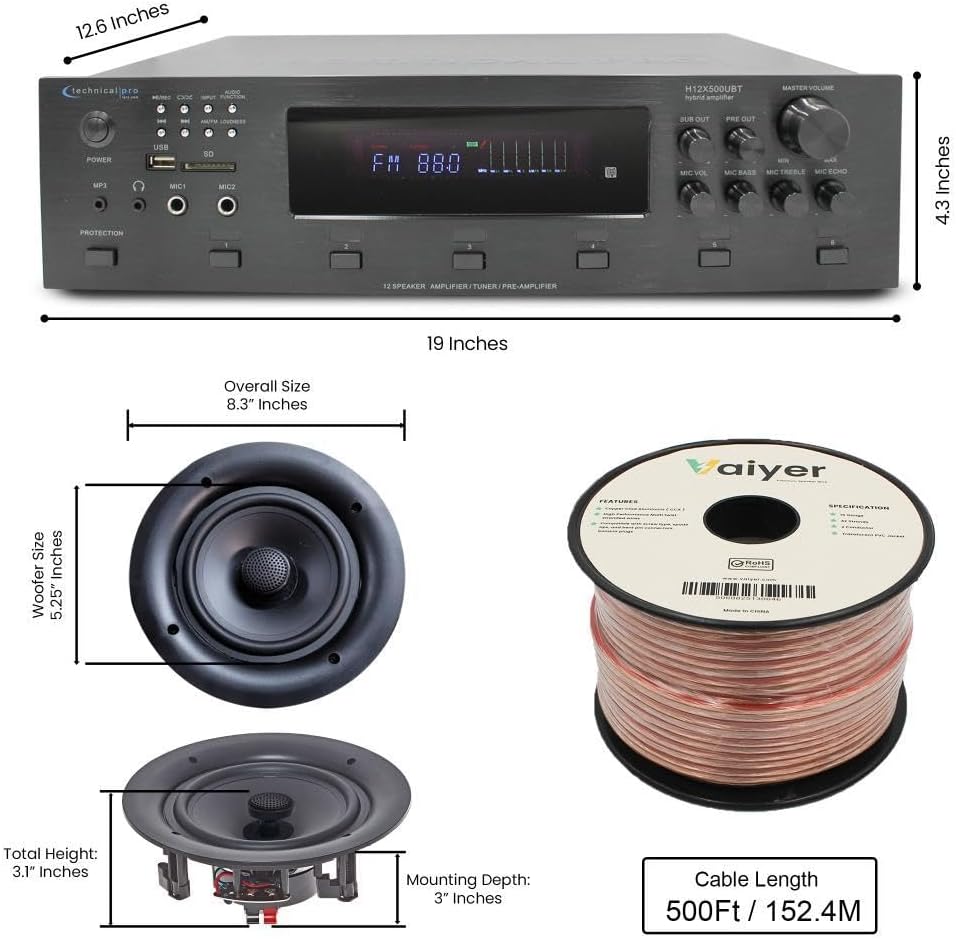 Home Audio System Kit - 6 Channel 6000 W Bluetooth Amplifier w/ 12 Qty of 5.25" Frameless in-Wall in-Ceiling Speakers 175 W Each, 2 Qty of Wired Mic, 500 ft Speaker Wire & Remote by Technical Pro