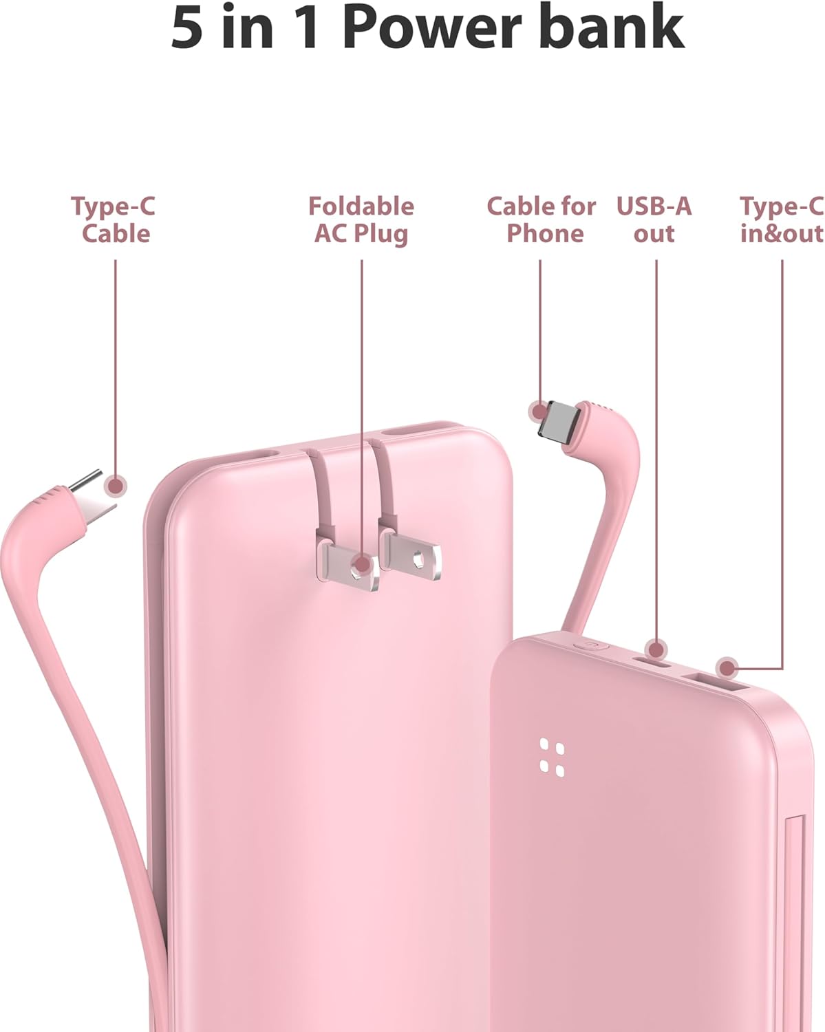 Alongza Portable Charger Built-in Cables and AC Wall Plug, Slim Fast Charging Power Bank 10000mAh, Lightweight USB C External Battery Pack Compact Travel Cell Phone Charger