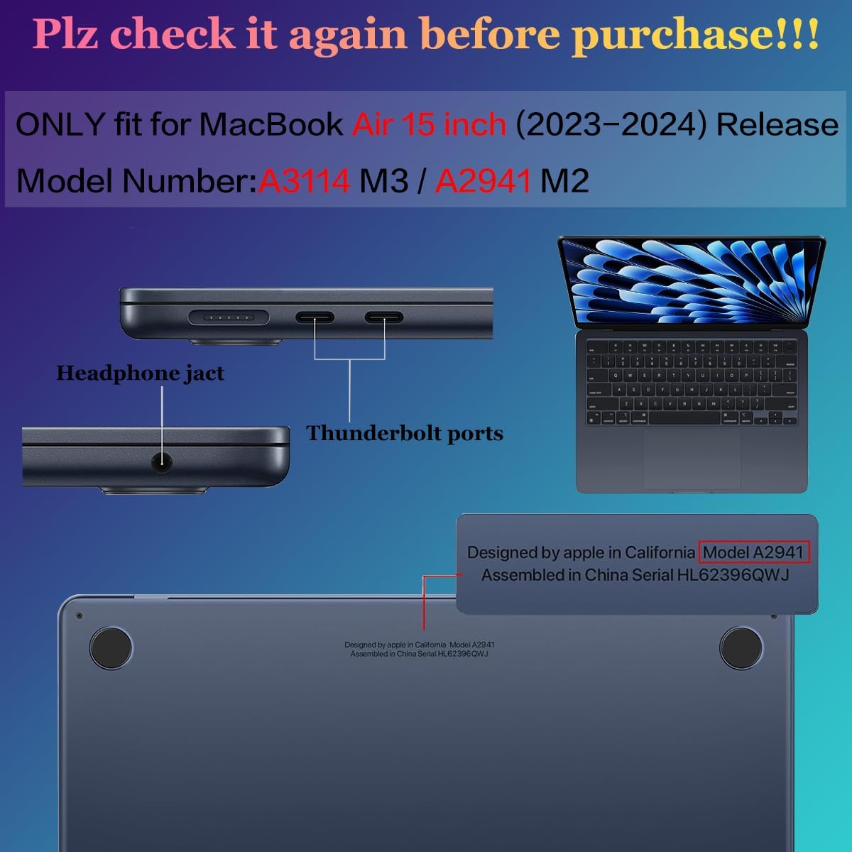 Teryeefi Compatible with MacBook Air 15 inch Case 2023 2024 A3114 A2941 with M3 M2, Plastic Hard Case & Keyboard Skin & Screen Protector for MacBook Air 15.3" Retina Display Touch ID, Mountain Sun