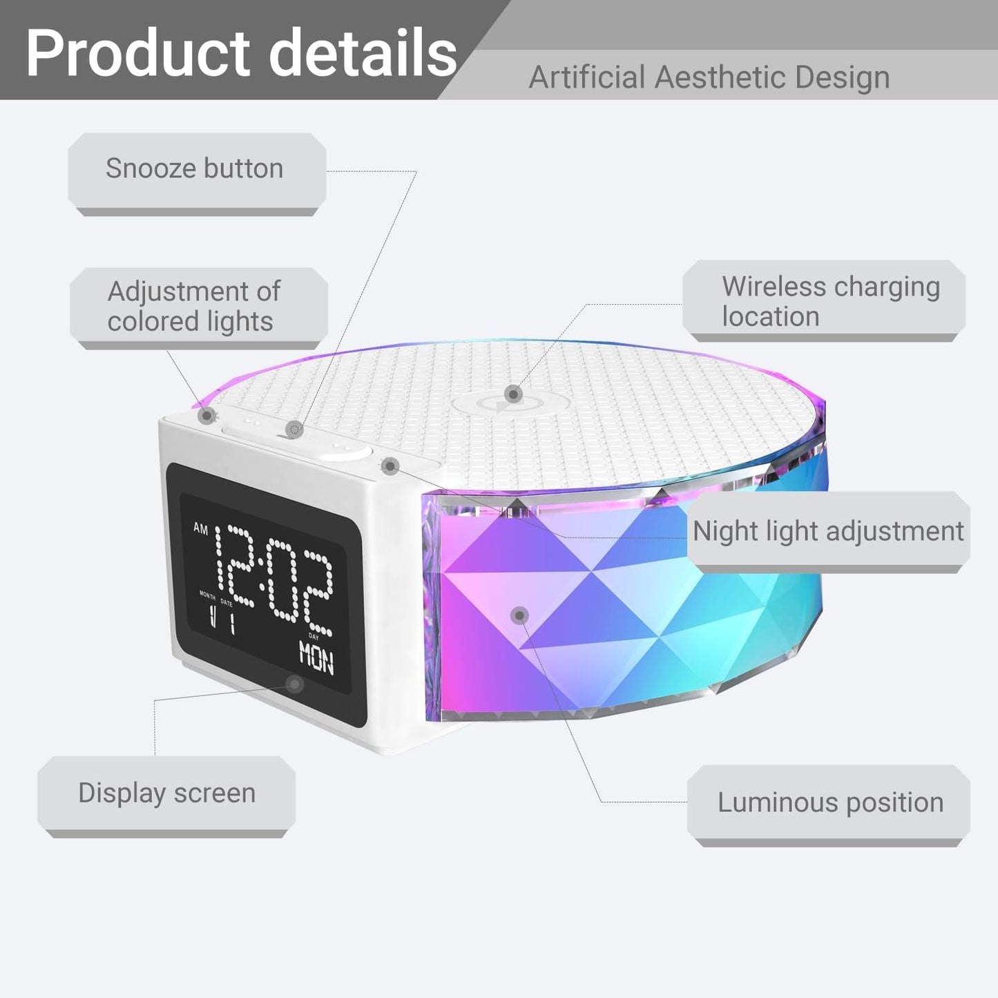 Alarm Clock with Fast Wireless Charging 15W,Digital Alarm Clock Night Lamp for Bedroom, RGB Nightlight for 5 Colors,Snooze Mode,8 Types of Music with Cable (White)