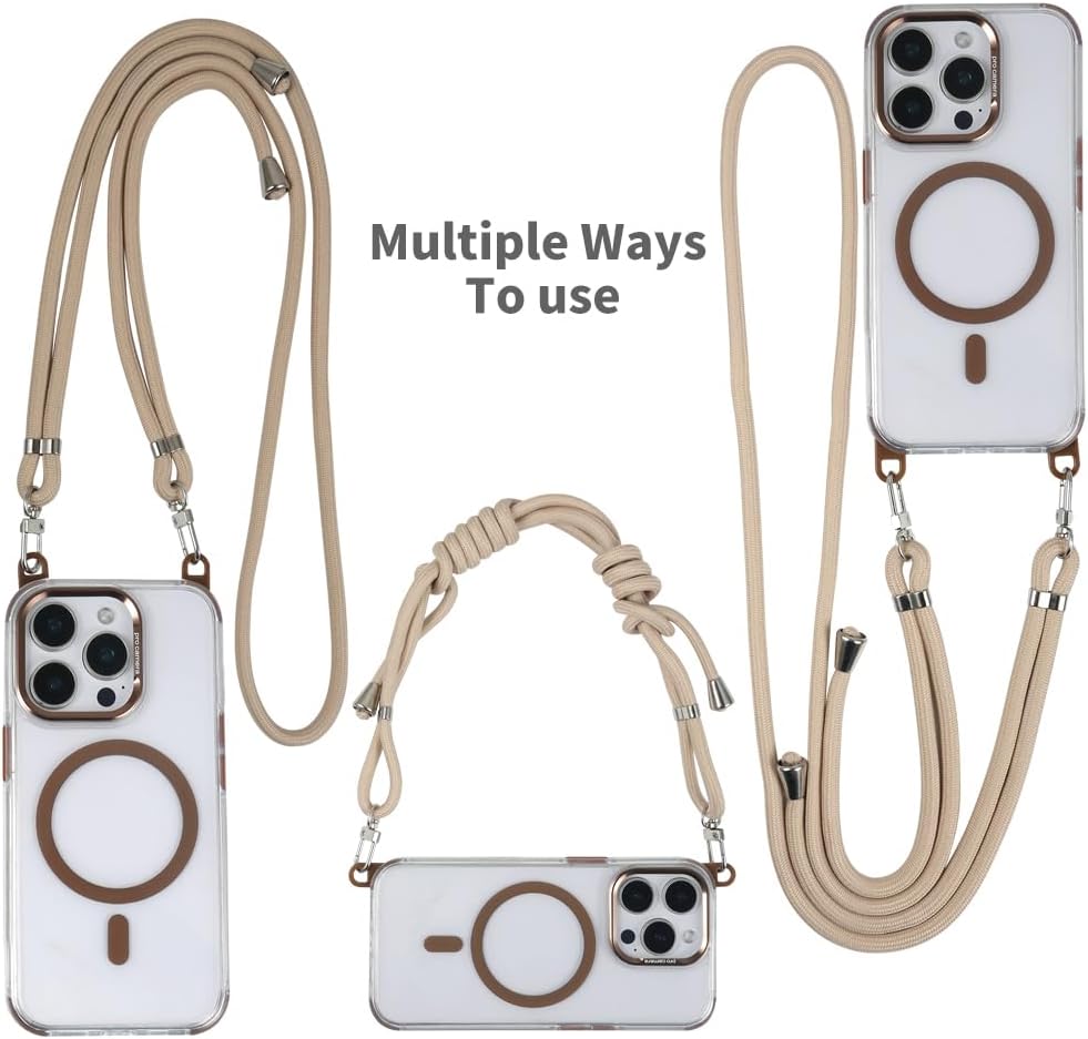 for iPhone 14 Pro Max Case with 62.99 inch Lanyard, Compatible with MagSafe, Shockproof Military-Grade Protection, Yellowing Resistant, Adjustable Strap Magnetic Cover, Classic Clear&Brown
