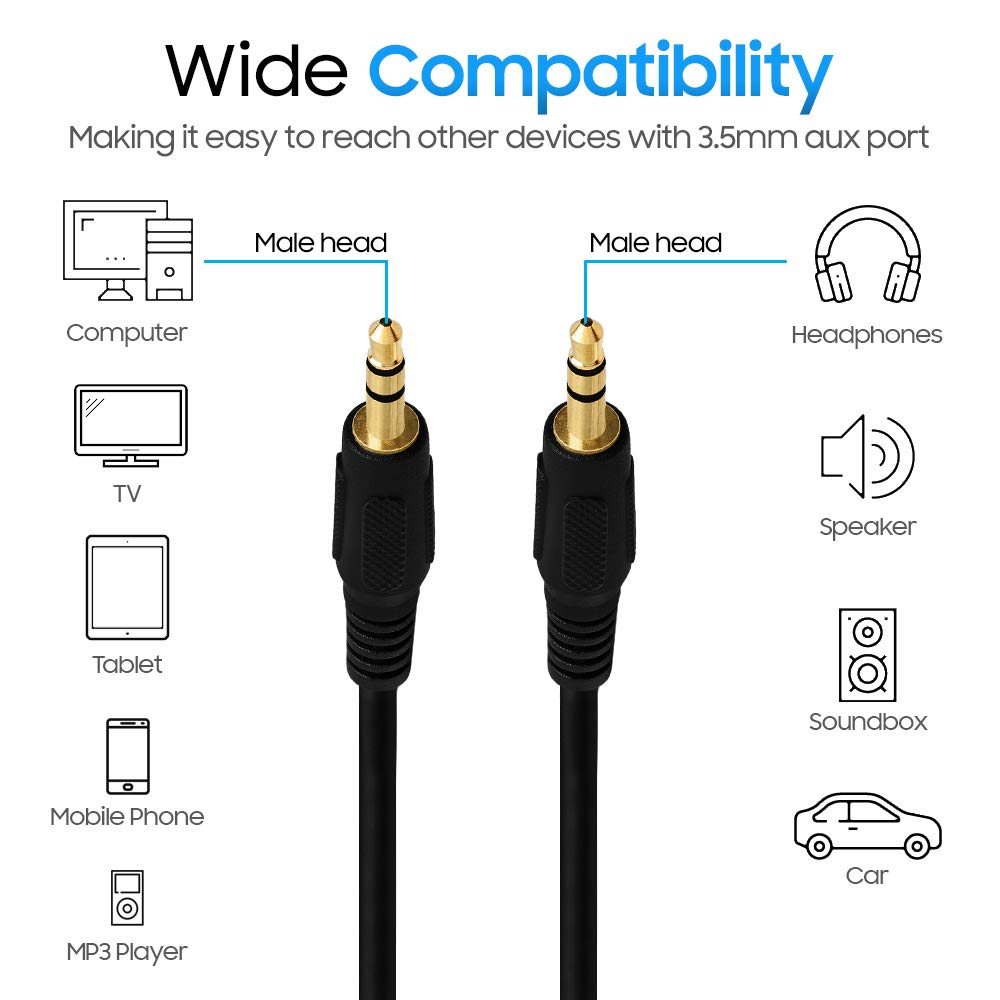 Cmple - 3.5mm Aux Audio Cable Stereo 25 ft Male to Male Speaker Cable Auxiliary Cord Adapter for Car, Phone, Headphones - Black