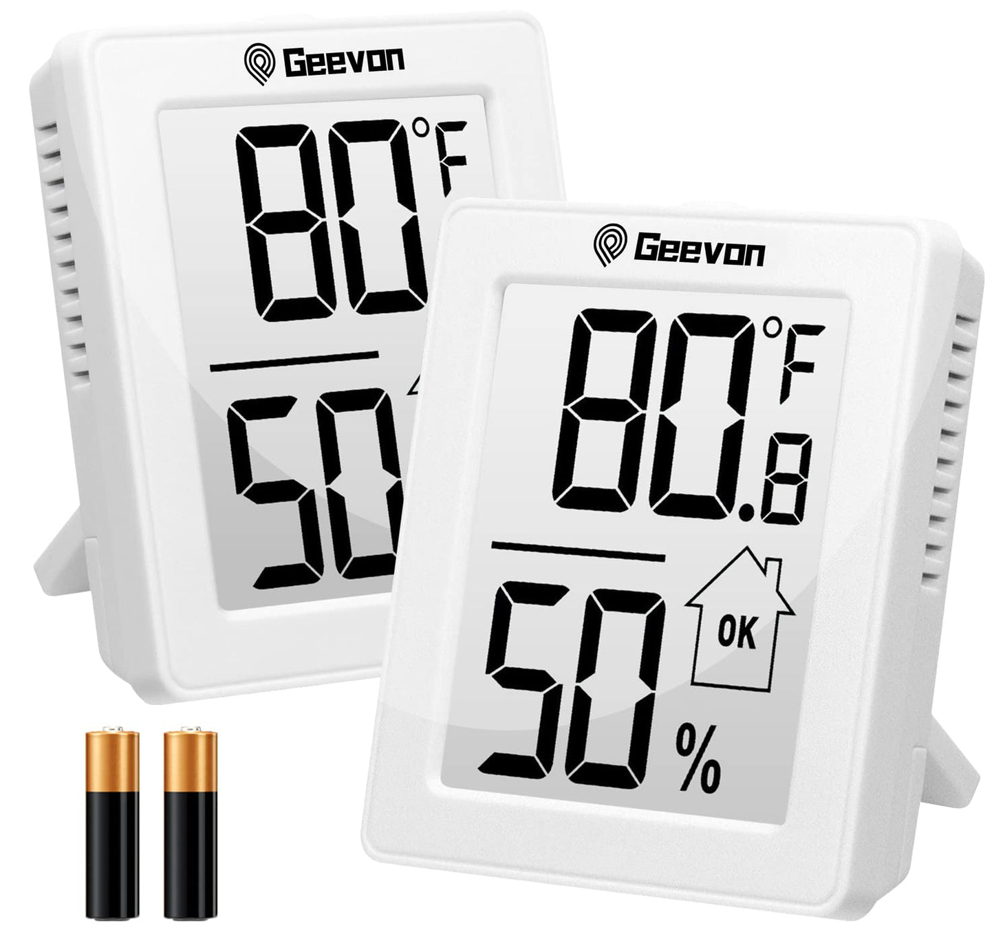 Geevon 2 Pack Hygrometer Indoor Thermometer Room Humidity Gauge with Battery, Digital Temperature Gauge Humidity Meter Indicator for Home, Office, Greenhouse, Mini Hygrometer,White