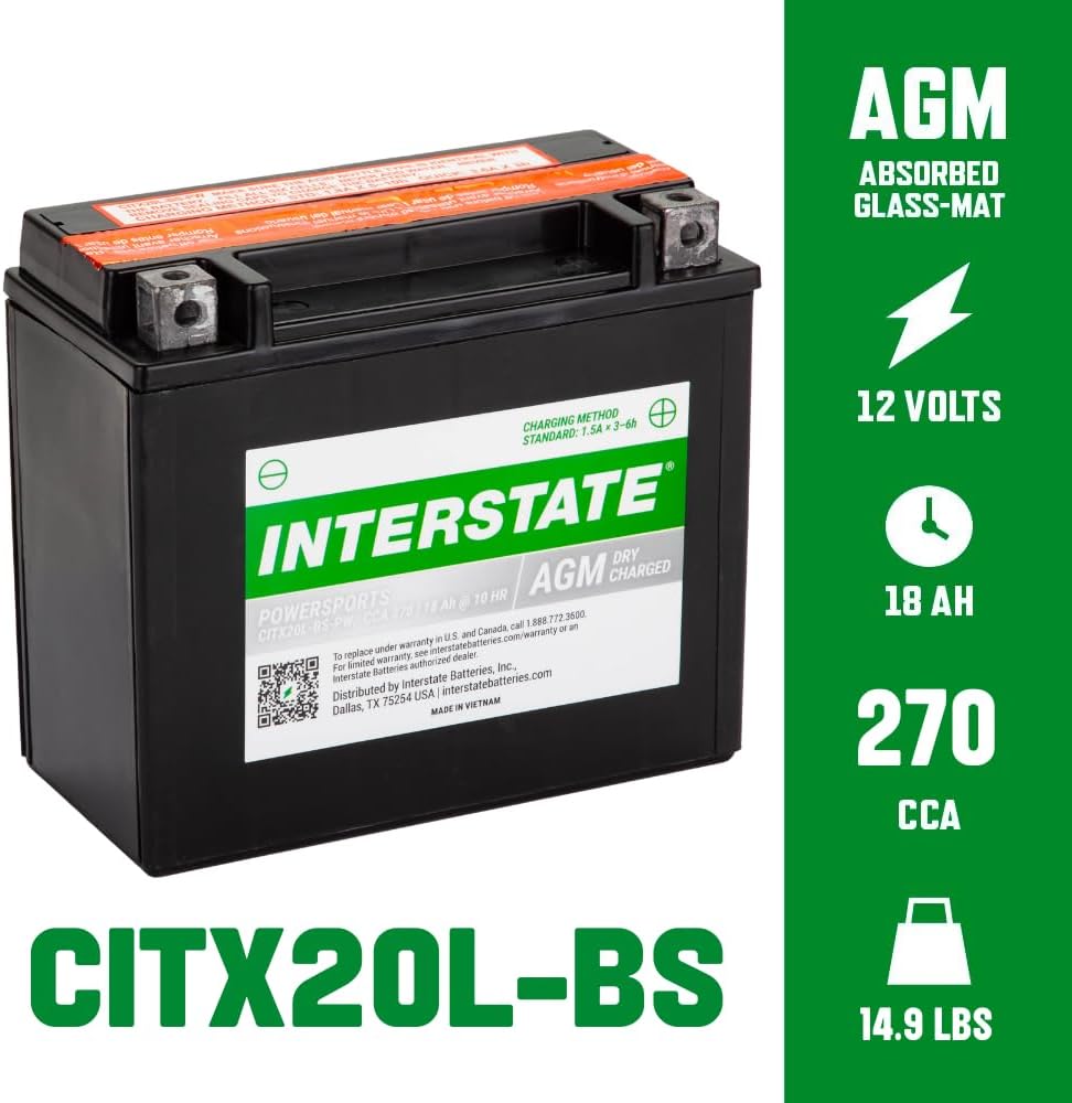 Interstate Batteries YTX20HL-BS 12V 18Ah Powersports Battery 270CCA High-Performance AGM Rechargeable Replacement for Motorcycles, ATVs, UTVs, Jet Skis, Snowmobiles (CITX20L-BS-PW)