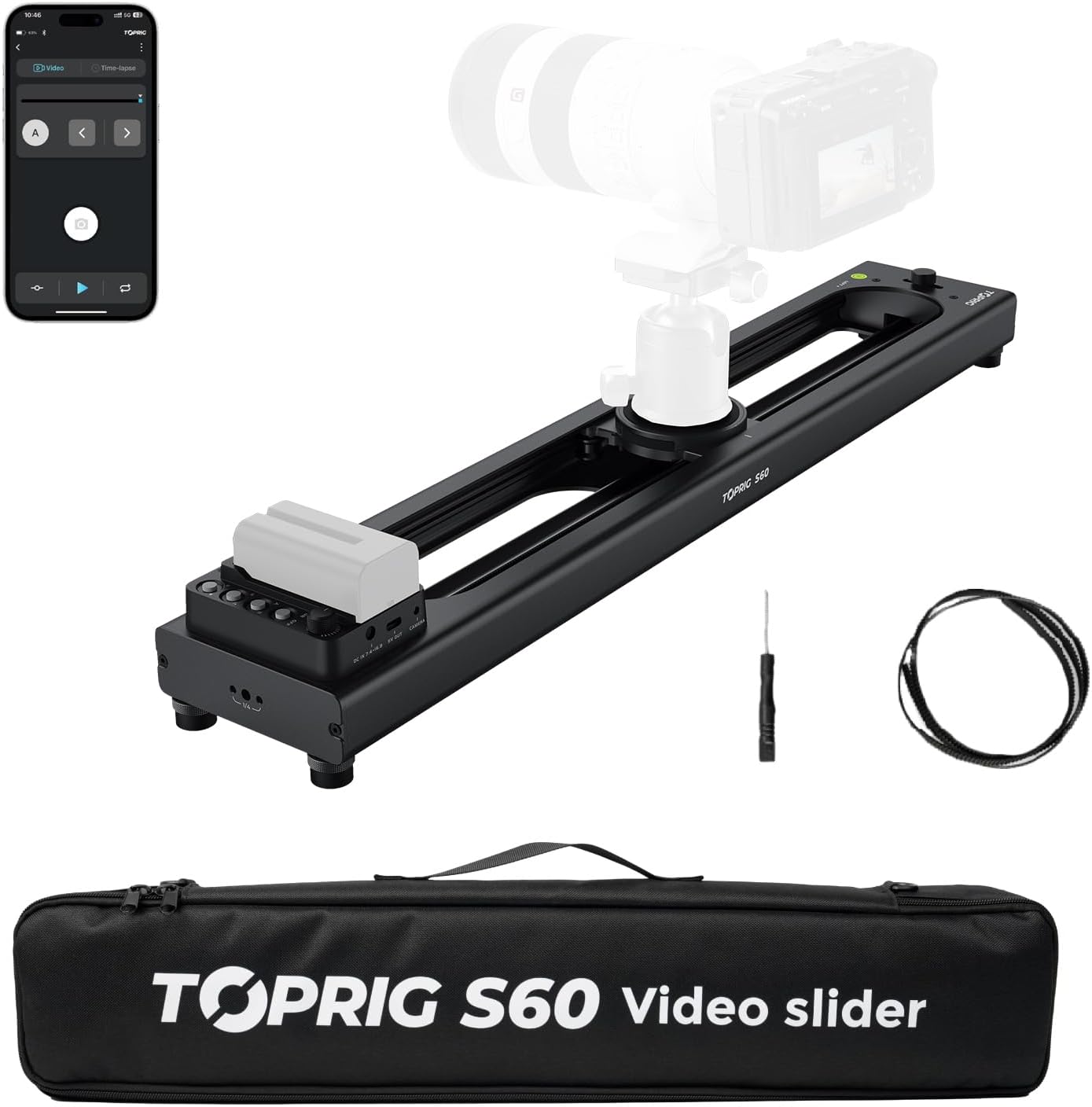 Accsoon Toprig 24inch/60cm Motorized Camera Slider, Bluetooth Video Slider with Button/APP Control, Time-Lapse/Loop Mode, Speed Knob, 120° Panoramic Shooting, Compatible with GoPro, Camera, DSLR