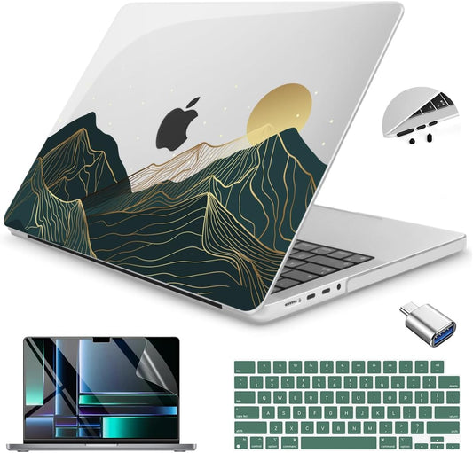 Teryeefi for M4 M3 M2 M1 MacBook Pro 14 inch Case 2021 2023 2024, Clear Hard Shell Case + Keyboard Cover + Screen Protector + OTG Adapter for MacBook Pro 14" Model A2992 A2918 A2779 A2442, Landscape