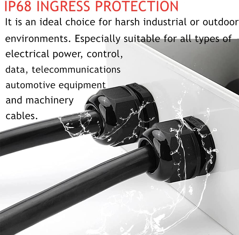PENGLIN Cable Glands NPT Nylon Cable Connector, Strain Relief Cord Connector, IP68 Waterproof Adjustable Locknut(1/4" 1/2" 3/4" 1" Glands Combo (40Pack))