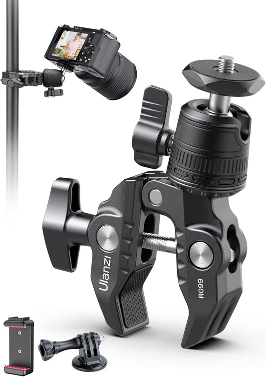 ULANZI R099 Super Clamp Camera Mount - Heavy Duty 3.3lb Load Metal Clamp with 360° Ball Head for Action Cameras (GoPro/Insta360/DJI), DSLR, Bike/Motorcycle Handlebar, Pole/Tube Mount Accessories