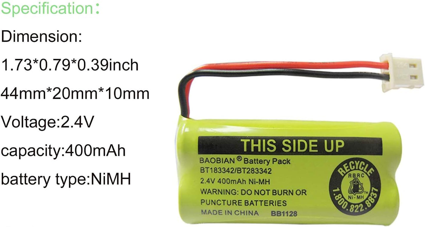 2.4V 400mAh Cordless Home Phone Battery for AT&T BT162342 BT-162342 BT166342 BT-166342 BT266342 BT-266342 BT183342 BT-183342 BT283342 BT-283342 VTech CS6329 CS6114 CS6419(Pack of 2)