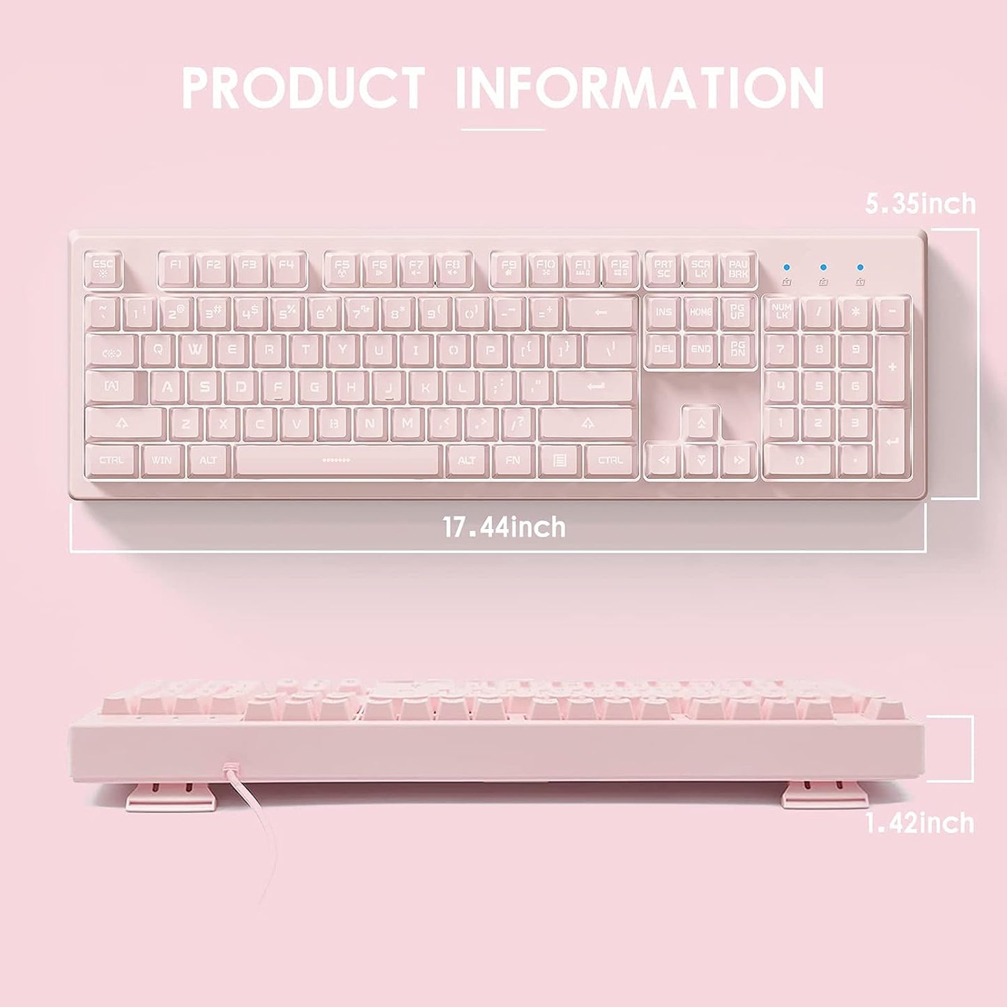 Basaltech Pink Keyboard with 7-Color LED Backlit, 104 Keys Quiet Silent Light Up Keyboards, 19-Key Anti-Ghosting Cheap Gaming Keyboard Mechanical Feeling Waterproof Wired USB for Computer, Mac, Laptop